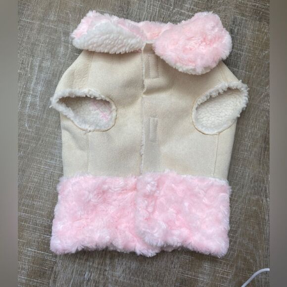 Dog Pet Coat Embroidered Jacket Medium Beige Suede Jacket Pink Fur Collar Fleece - Picture 4 of 11